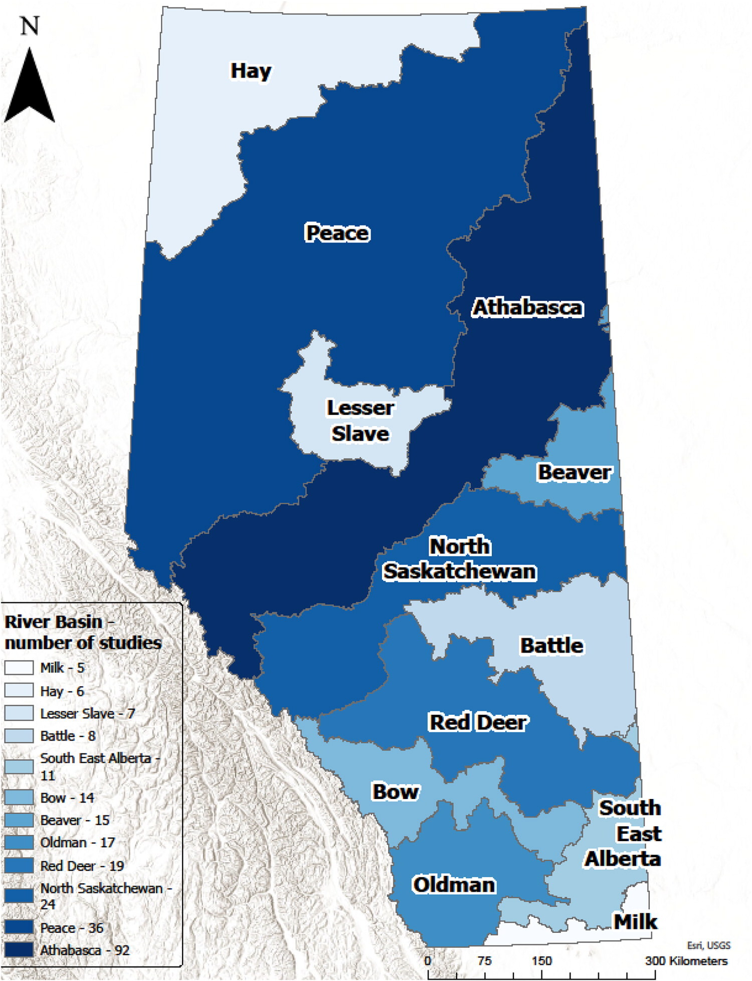 Number of manuscripts regarding Alberta lakes focused on each river basin region. Light blue indicates few studies, and dark blue indicates many studies. Data sources: ESRI Basemap and Government of Alberta Base Watersheds layers (from Murgatroyd et al. 2026). 